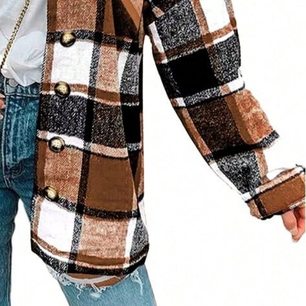 Elegant Women's Cropped Plaid Shacket Flannel Long Sleeve Button Down Jacket - Picture 5 of 5